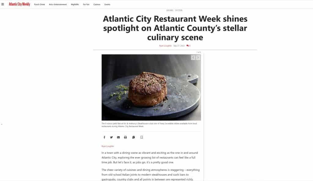 Read about Freddy J's being the top rated restaurant for 2022 AC Restaurant Week posted in the AC Weekly by Ryan Loughlin on Sept 27th, 2022!