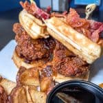Chicken and Waffle Sliders with Maple Syrup, Bacon, and Breakfast Potatoes