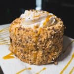Bourbon Toffee Cake - Vanilla cake + toffee pieces infused with bourbon + toffee mousse + caramel + graham cracker crumbs